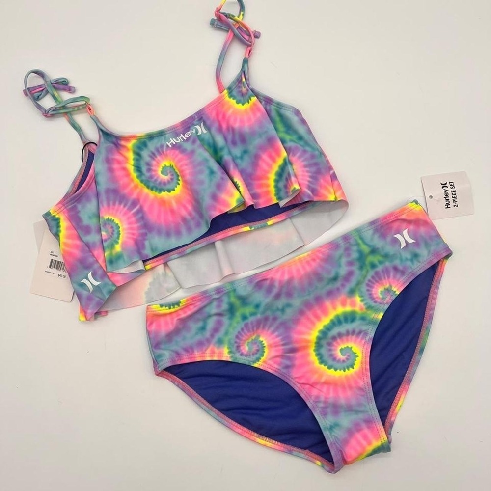 NWT Hurley Flounce 2 Piece Set Bikini XL Girls Multi Tie Dye w/ Spirals